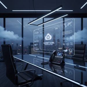 Mesa executiva de alto padrão com telefone IP moderno, representando a eficiência e escalabilidade do PABX em nuvem para empresas.