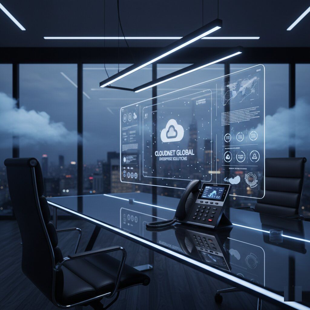 Mesa executiva de alto padrão com telefone IP moderno, representando a eficiência e escalabilidade do PABX em nuvem para empresas.